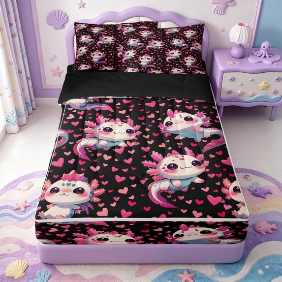 Manfei Ocean-Themed Axolotl Zipper Twin Comforter Sets with Fitted Sheet and 2 Pillowcases,Watercolor Salamander Print Zipper Bedding Set,Black Reversible,4-Piece