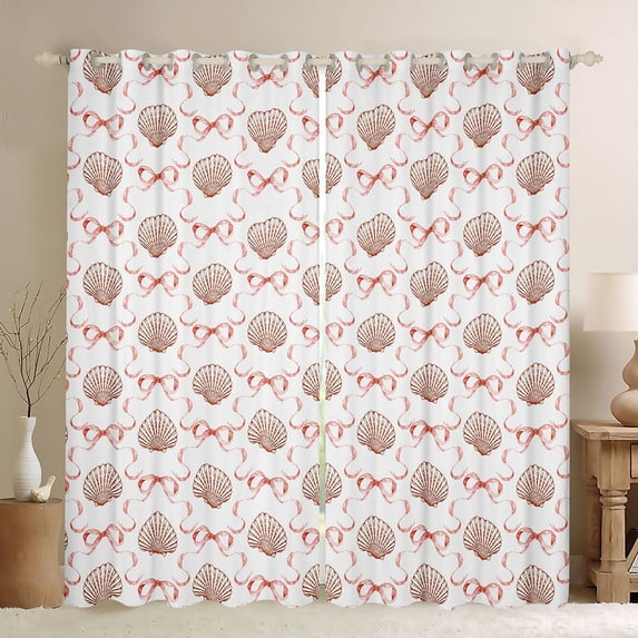 Manfei Ocean Themed Shell Kitchen Curtains,Cute Coquette Bowknot Black Out Curtains Pack of 2 (42x63 Each)