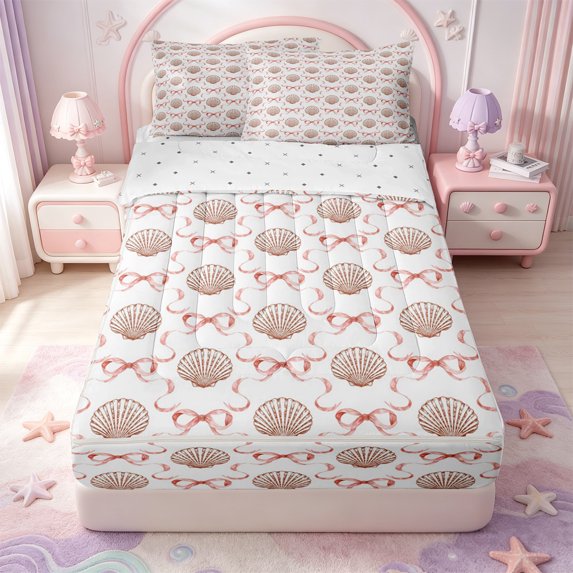 Manfei Ocean Themed Shell Zipper Queen Comforter Set with Fitted Sheet and 2 Pillowcases,Cute Coquette Bowknot Zipper Bedding Set,Reversible,4 Pieces