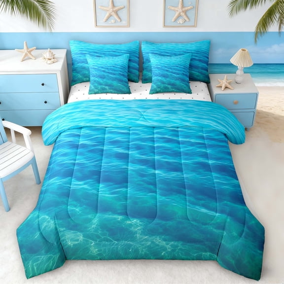 Manfei Ocean Wave Bedding Comforter Set for Kids Boys and Girls, Coastal Sea Queen Bedding Sets, Reversible 7 Pieces