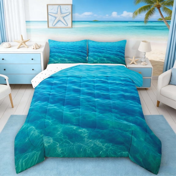 Manfei Ocean Wave Queen Comforter Set for Kids Boys and Girls, Coastal Sea Bedding Comforter Set, Reversible 3 Pieces, 1 Comforter and 2 Pillowcases