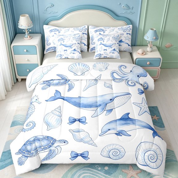 Manfei Ocean Whale 7-Piece Twin Bedding,Bow Seahorse Turtle Bedding Comforter Set,Light Gray Reversible