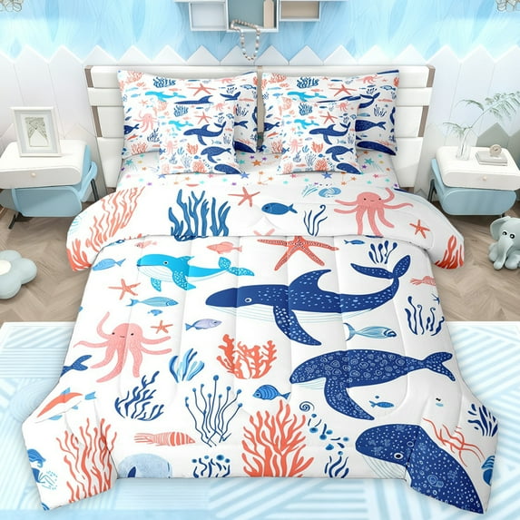 Manfei Ocean Whale Animal Bedding Comforter Set 7 Pieces for Kids, Cartoon Octopus Fish Full Bedding Set, Hippie Marine Coral Reversible Fitted Sheet Flat Sheet, Ultra Soft Bedroom Decor