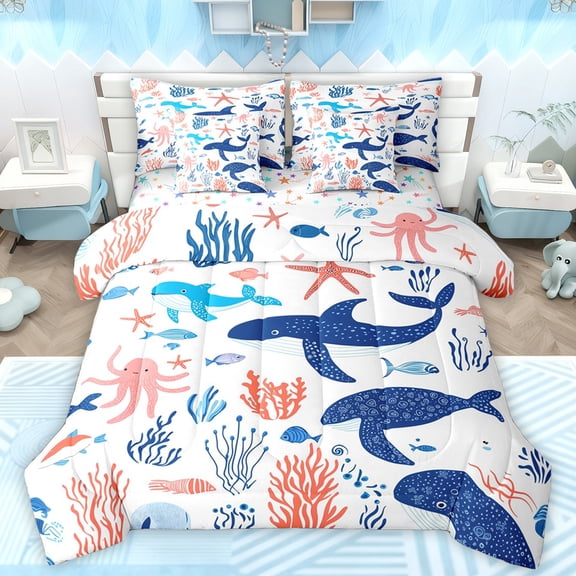 Manfei Ocean Whale Animal Twin Bedding Sets 7-Piece for Kids, Cartoon Octopus Fish Bedding Comforter Set, Hippie Marine Coral Reversible Sheet Sets, Ultra Soft Bedroom Decor
