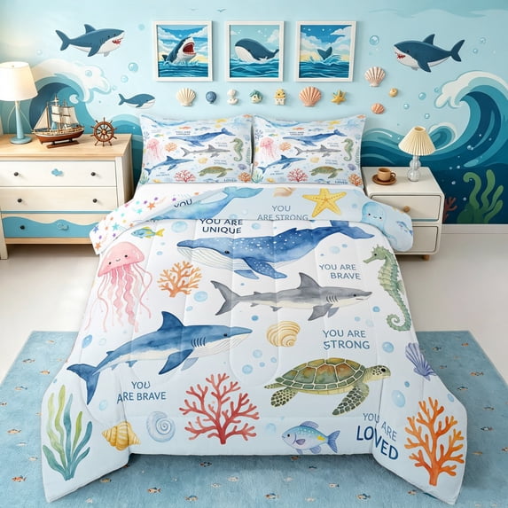 Manfei Ocean Whale Shark Queen Comforter Set, Sea Animal Quote Comforter Sets Queen, White Blue, Stars Reversible, 3 Pieces, 1 Comforter and 2 Pillowcases