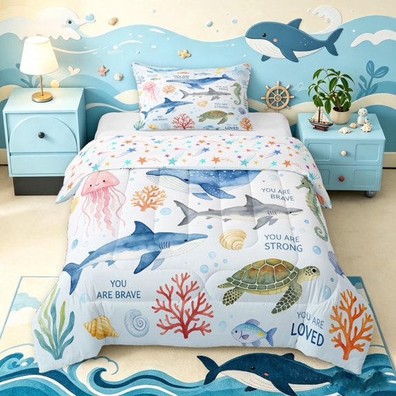 Manfei Ocean Whale Shark Twin Comforter Sets, Sea Animal Quote Bedding Set, White Blue, Stars Reversible, 2 Pieces, 1 Comforter and 1 Pillowcase