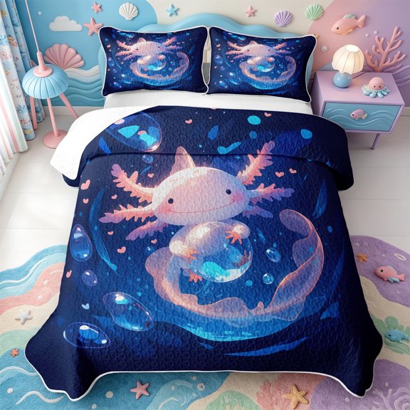 Manfei Ocean Wildlife Axolotl Bed Spread Queen,Colorful Salamander Queen Coverlet Set,3 Pieces,1 Quilt and 2 Pillowcases