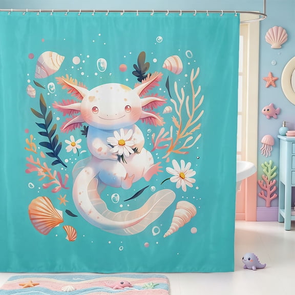 Manfei Ocean Wildlife Axolotl Shower Curtain 72Wx72L,Cute Salamander Pattern Bathroom Curtain