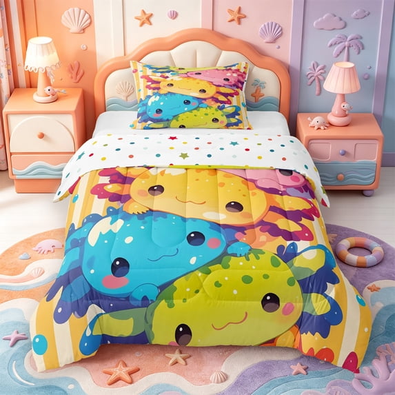 Manfei Ocean Wildlife Axolotl Twin Comforter Sets,Watercolor Salamander Print Bedding Set,Polkadot Reversible,2-Piece,1 Comforter and 1 Pillowcase