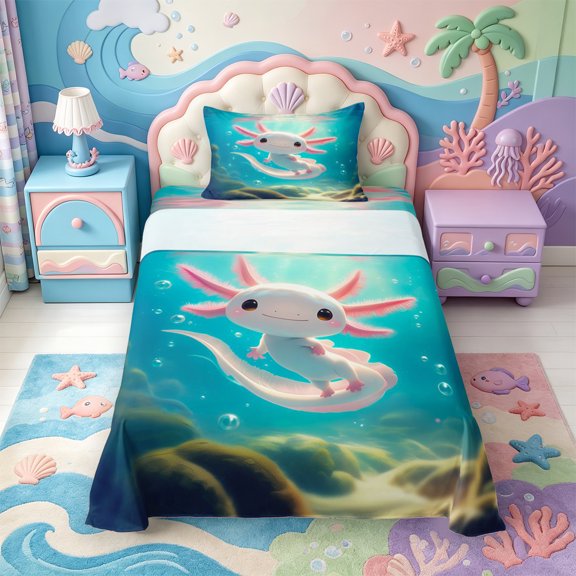 Manfei Ocean Wildlife Axolotl Twin Sheets,Watercolor Animals Pattern Bedding,3pcs,1 Flat Sheet,1 Fitted Sheet and 1 Pillowcase