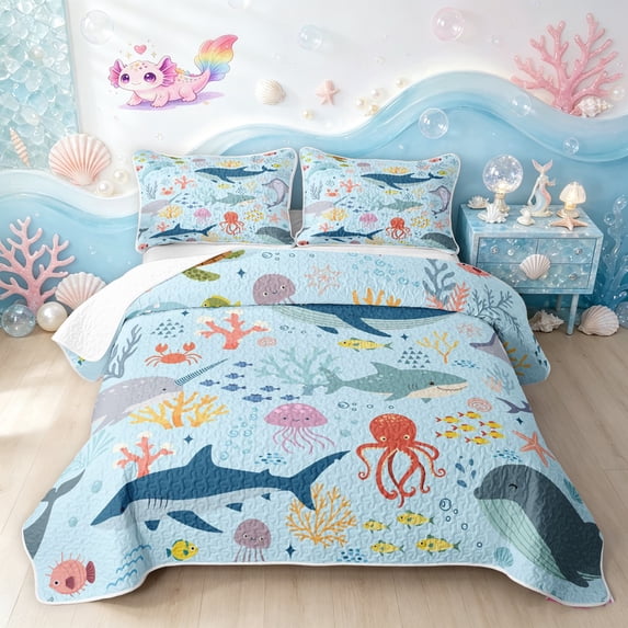 Manfei Octopus Shark Animal Bed Spread Queen, Sea Coral Fish Queen Coverlet Set, Sky Blue, 3-Piece, 1 Quilt and 2 Pillowcases