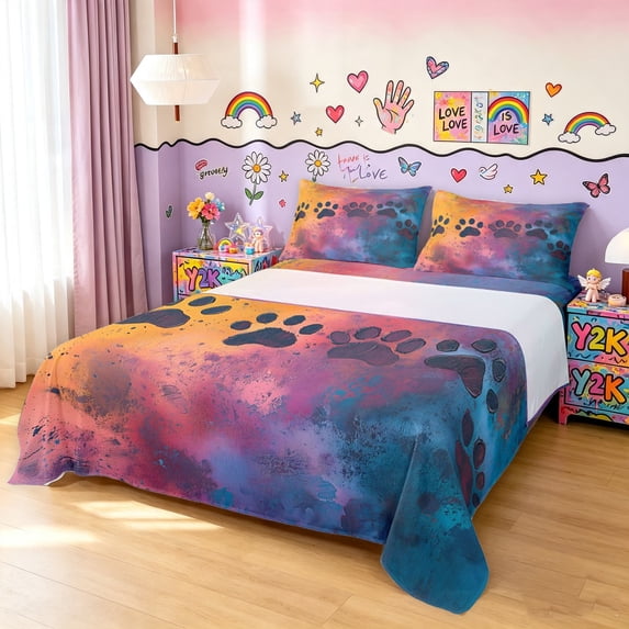 Manfei Oil Paint Paw Bed Sheets, Splash Rainbow Full Size Sheets, Blue Orange, 4 Pieces, 1 Flat Sheet, 1 Fitted Sheet and 2 Pillowcases