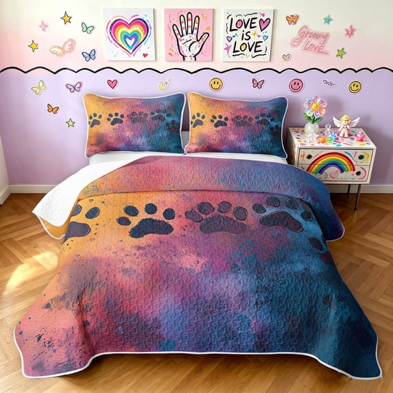 Manfei Oil Paint Paw Quilt King, Splash Rainbow King Coverlet Set, Blue Orange, 3 Pieces, 1 Bedspread and 2 Pillowcases