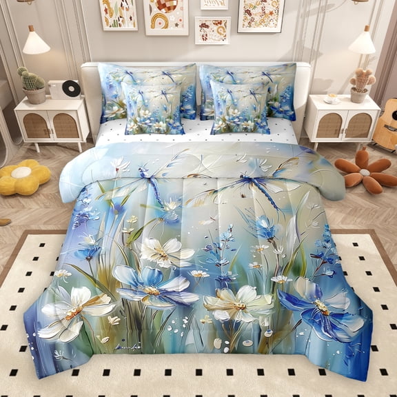Manfei Oil Painting 7-Piece Bedding Comforter Set,Rustic Daisy Flower King Bedding Sets,Blue Green Bed Sheets For Girls,Microfiber Bedroom Decor Reversible
