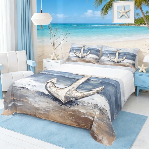 Manfei Oil Painting Anchor Beach Queen Sheet Sets for Kids Boys and Girls, Nautical Bed Set 4 Pieces, 1 Flat Sheet, 1 Fitted Sheet and 2 Pillowcases