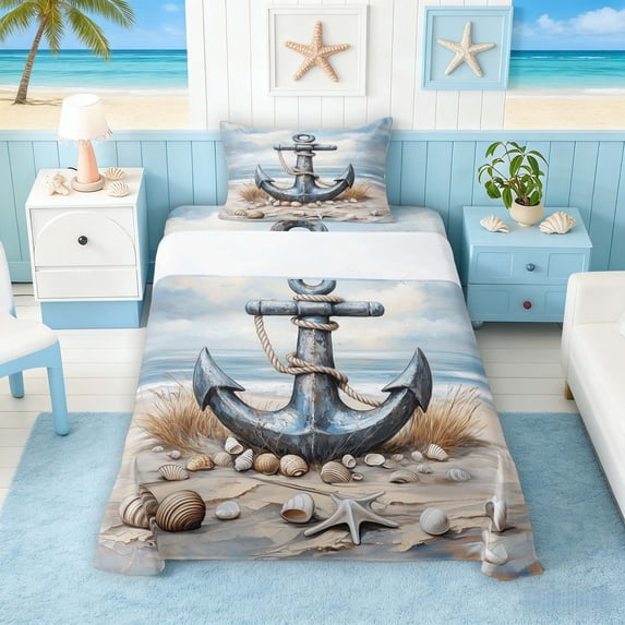 Manfei Oil Painting Anchor Beach Seashell Twin Sheet Sets for Kids Boys and Girls, Nautical Sailing Print Bedding 3pcs, 1 Flat Sheet, 1 Fitted Sheet and 1 Pillowcase