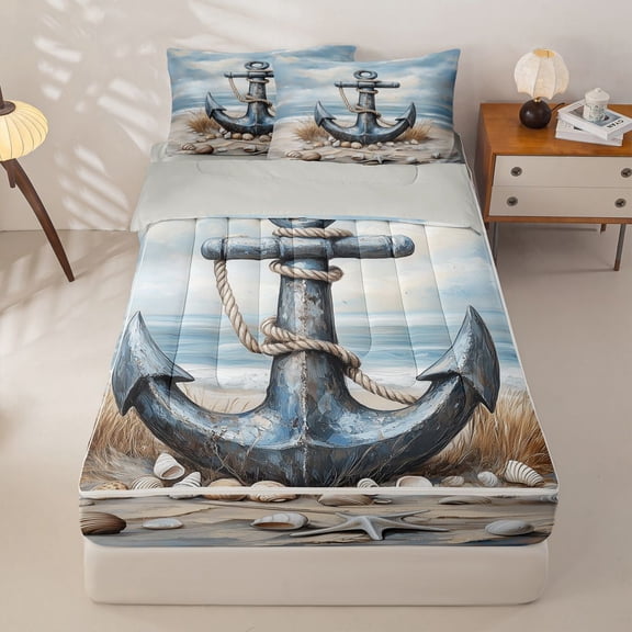 Manfei Oil Painting Anchor Beach Seashell Zipper Twin Comforter Sets with Fitted Sheet and 2 Pillowcases for Kids Boys and Girls, Nautical Sailing Print Zipper Bedding Set, Gray Reversible, 4 Pieces