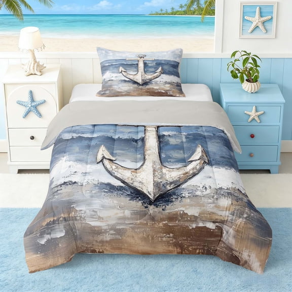 Manfei Oil Painting Anchor Beach Twin Comforter Sets for Kids Boys and Girls, Nautical Bedding Set, Gray Reversible 2 Pieces, 1 Comforter and 1 Pillowcase