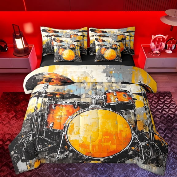 Manfei Oil Painting Artwork 7 Pieces Bedding Comforter Set,Graffiti Drum Kit Full Bedding Set,Musical Instrument Theme Fitted Sheet Flat Sheet For Girls Boys,Super Cozy Room Decor Reversible