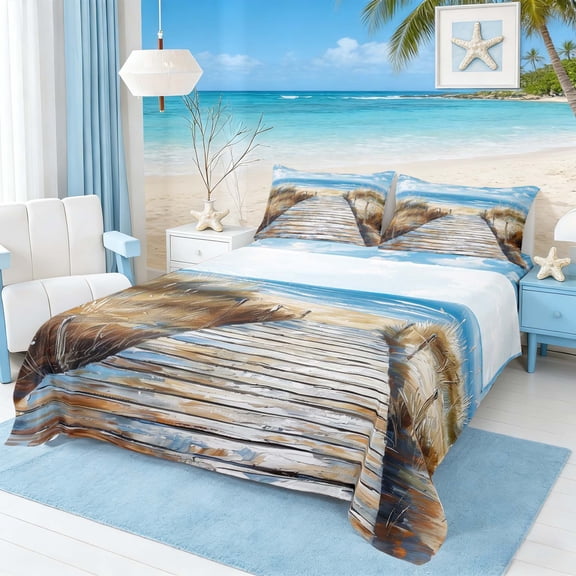 Manfei Oil Painting Beach Ocean Full Size Sheets for Kids Boys and Girls, Coastal Art Print Bed Sheets 4pcs, 1 Flat Sheet, 1 Fitted Sheet and 2 Pillowcases