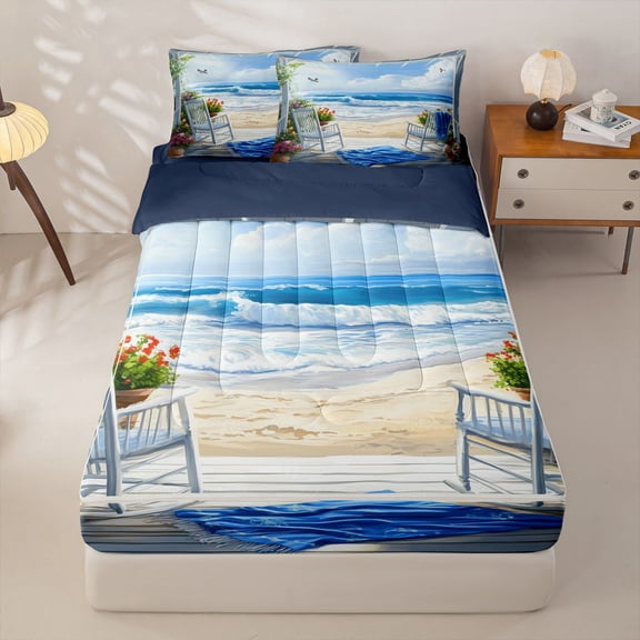 Manfei Oil Painting Beach Ocean Zipper Twin Comforter Sets with Fitted Sheet and 2 Pillowcases for Kids Boys and Girls, Coastal Home Print Zipper Bedding Set, Navy Reversible, 4-Piece