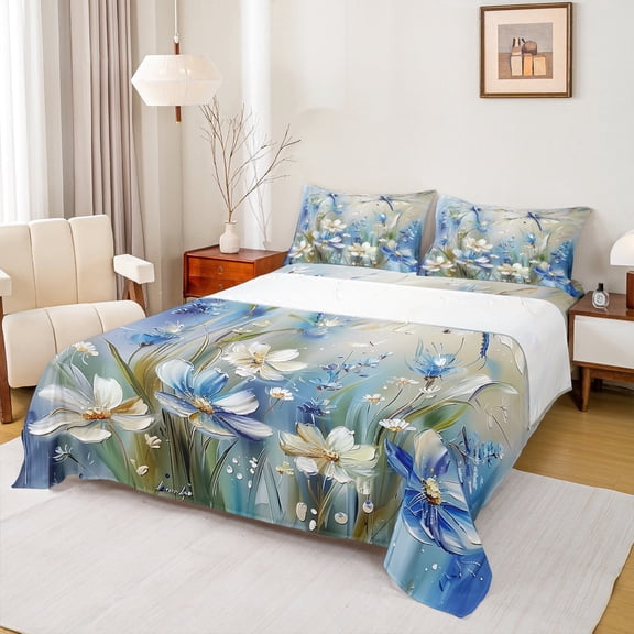 Manfei Oil Painting Bed Sheets,Rustic Daisy Flower King Sheets,Blue Green Sheet Set For Girls,Microfiber Bedroom Decor,4pcs