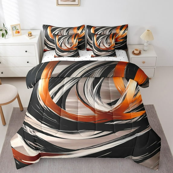 Manfei Oil Painting Bedding Sets Full Size,Minimalism Art Comforter Sets with Sheets,White Black Orange Bed in a Bag Full Size,Lightweight Bedroom Decoration Reversible,7-Piece