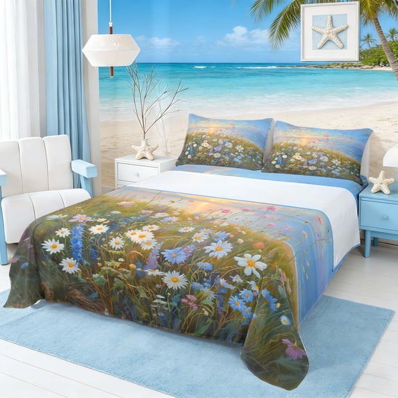 Manfei Oil Painting Coastal Ocean Queen Sheet Sets for Kids Boys and Girls, Daisy Flower Bed Set 4-Piece, 1 Flat Sheet, 1 Fitted Sheet and 2 Pillowcases