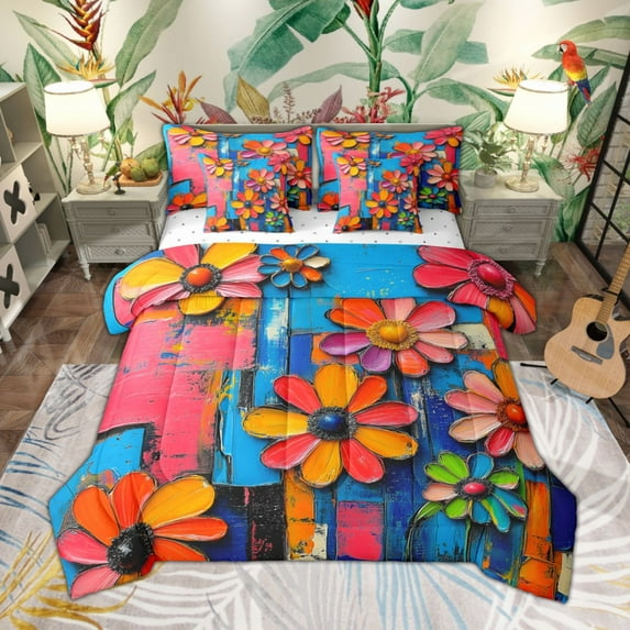 Manfei Oil Painting Daisy Bedding Comforter Set, Girls Cute Flower Full Bedding Set, Pink Blue Brush Strokes Fitted Sheet Flat Sheet, Super Cozy Room Decor Reversible 7 Pieces