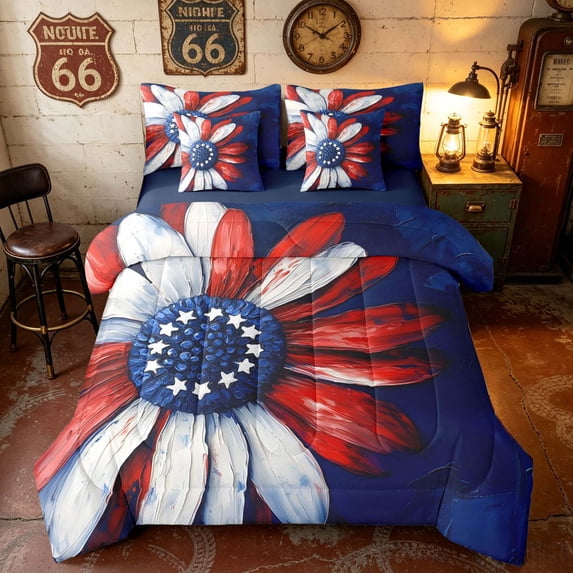 Manfei Oil Painting Daisy Queen Bedding, July 4th Gift Bedding Comforter Set Queen, Red White Blue, Navy Reversible 7-Piece