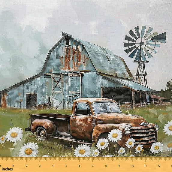 Manfei Oil Painting Farmhouse Fabric by the Yard (1 Yard), Rustic Farm Truck Windmill Decorative Fabric by the Yard, Chic Daisy Blossoms Sewing & Crafting Fabric