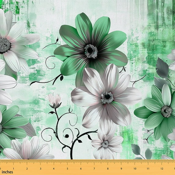 Manfei Oil Painting Flower Fabric by the Yard (1 Yard), Chic Blossoms Decorative Fabric by the Yard, Green White Ombre Gradient Sewing & Crafting Fabric
