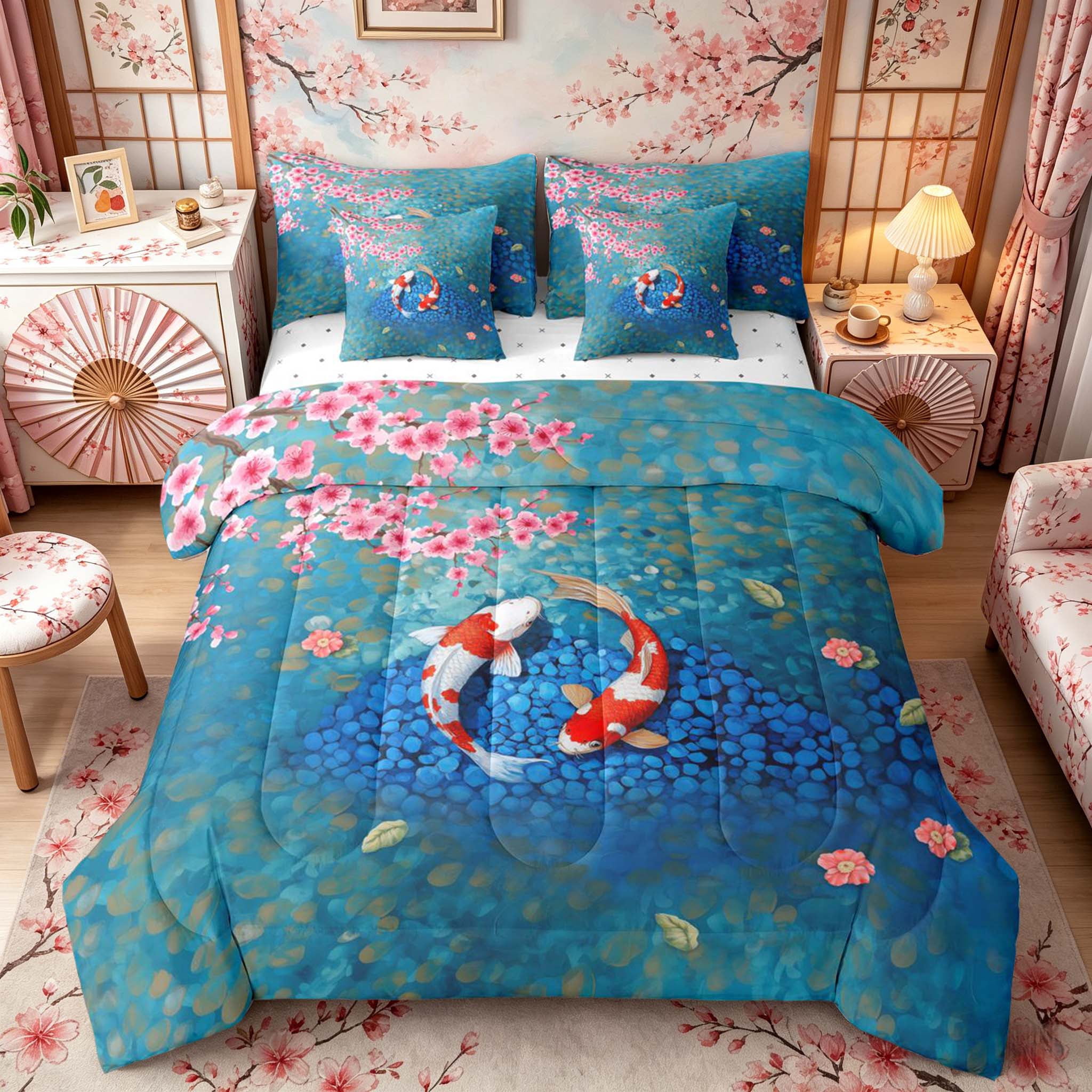 Manfei Oil Painting Koi Fish Bedding Comforter Set for Girls, Sakura Pond King Bedding Sets, Blue Pink, Reversible 7pcs