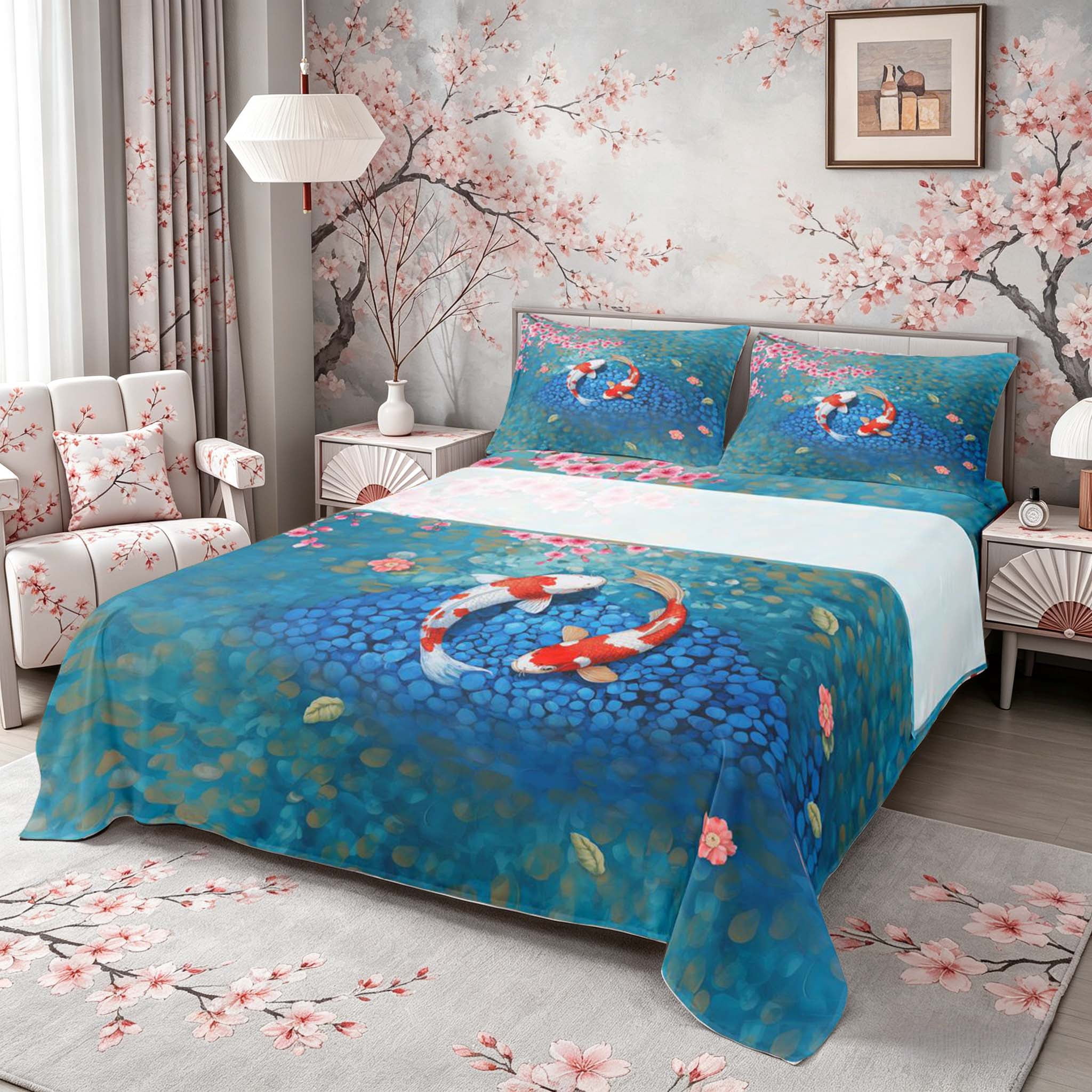 Manfei Oil Painting Koi Fish Queen Sheet Sets for Girls, Sakura Pond Bed Set, Blue Pink 4pcs, 1 Flat Sheet, 1 Fitted Sheet and 2 Pillowcases