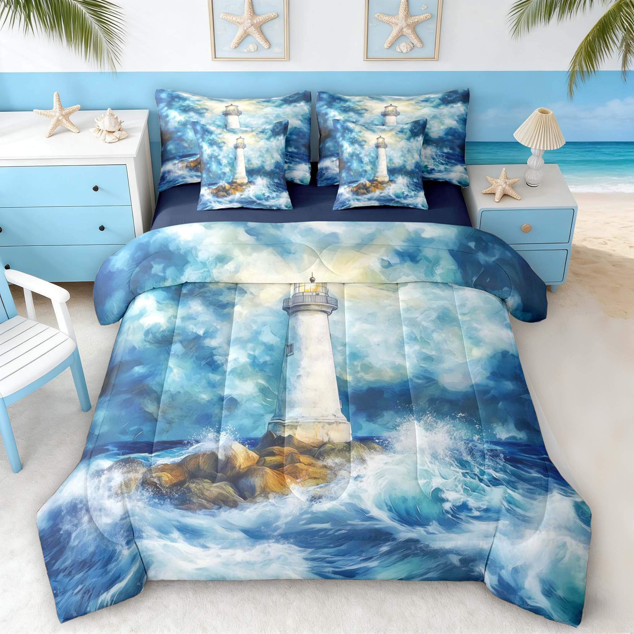 Manfei Oil Painting Lighthouse Wave Ocean Bedding Comforter Set for Kids Boys and Girls, Coastal Art Print King Bedding Sets, Navy Reversible 7-Piece
