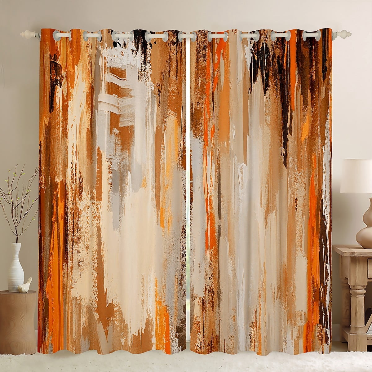 Manfei Oil Painting Ombre Black Out Curtains, Aesthetic Orange Brown Curtains Pack of 2 (42x63 Each), Watercolor Art Bedroom Curtains, Microfiber Bedroom Decor