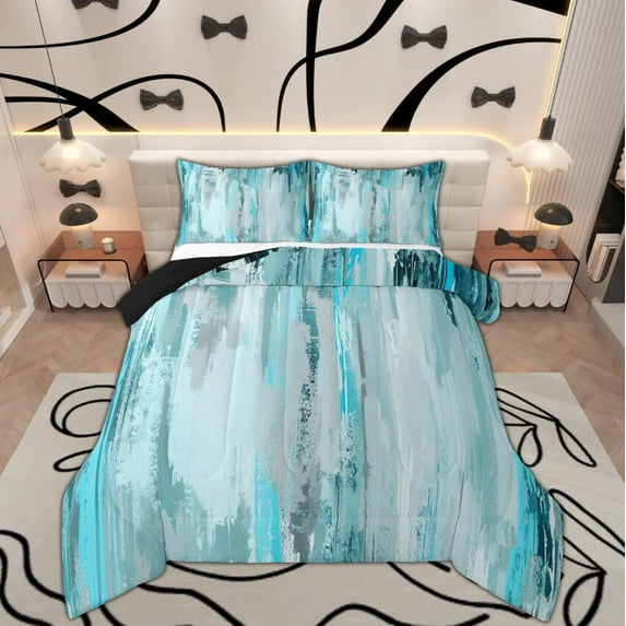 Manfei Oil Painting Ombre King Size Comforter Sets, Aesthetic Cyan Blue Bedding Comforter Set, Watercolor Art Bedding Set, Microfiber Bedroom Decor, Reversible 3pcs