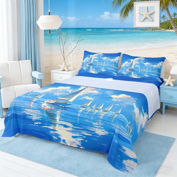 Manfei Oil Painting Sailboat Queen Sheet Sets for Kids Boys and Girls, Nautical Themed Bed Set 4pcs, 1 Flat Sheet, 1 Fitted Sheet and 2 Pillowcases