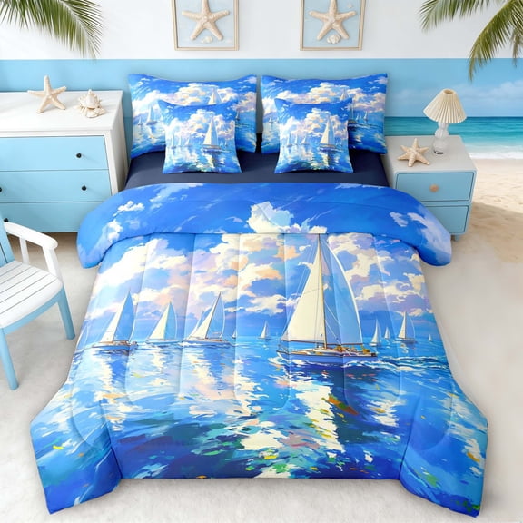 Manfei Oil Painting Sailboat Twin Bedding Sets for Kids Boys and Girls, Nautical Theme Bedding Comforter Set, Navy Reversible 7-Piece