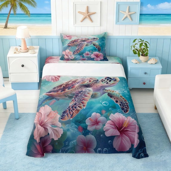 Manfei Oil Painting Sea Turtle Twin Sheet Sets for Kids Boys and Girls, Pink Floral Bedding 3 Pieces, 1 Flat Sheet, 1 Fitted Sheet and 1 Pillowcase