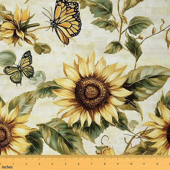 Manfei Oil Painting Sunflower Fabric by the Yard (1 Yard), Girls Chic Butterfly Decorative Fabric by the Yard, Sunflower Floral Sewing & Crafting Fabric