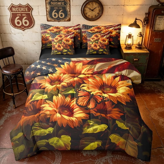 Manfei Oil Painting Sunflower King Bedding, Chic Butterfly King Bed in a Bag, Red White Blue Yellow, Black Reversible 7 Pieces