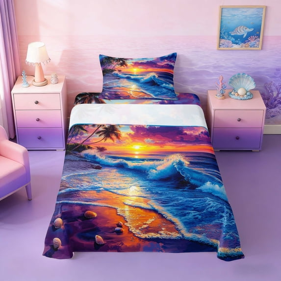 Manfei Oil Painting Tropical Beach Twin Sheet Sets for Kids Boys and Girls, Ocean Sea Bedding 3pcs, 1 Flat Sheet, 1 Fitted Sheet and 1 Pillowcase