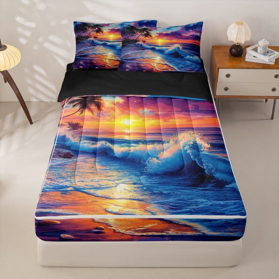 Manfei Oil Painting Tropical Beach Zipper Twin Comforter Sets with Fitted Sheet and 2 Pillowcases for Kids Boys and Girls, Ocean Sea Zipper Bedding Set, Black Reversible, 4 Pieces