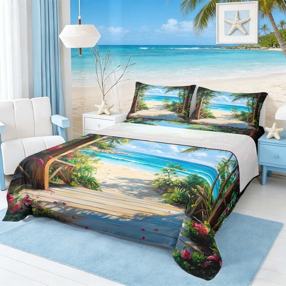 Manfei Oil Painting Tropical Palm Tree Queen Sheet Sets for Kids Boys and Girls, Coastal Ocean Beach Bed Set 4pcs, 1 Flat Sheet, 1 Fitted Sheet and 2 Pillowcases