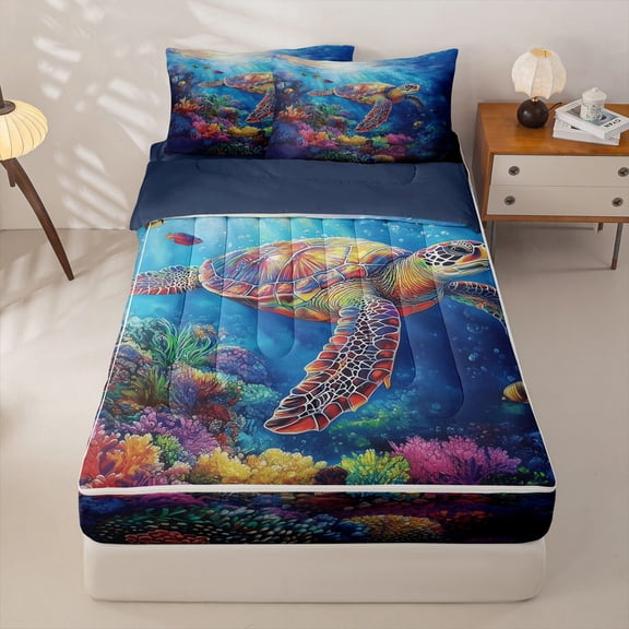 Manfei Oil Painting Underwater Sea Turtle Zipper Twin Comforter Sets with Fitted Sheet and 2 Pillowcases for Kids Boys and Girls, Rainbow Coral Zipper Bedding Set, Navy Reversible, 4 Pieces