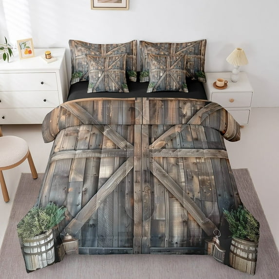 Manfei Old Barn Door 7-Piece Bedding Comforter Set,Rustic Farmhouse Cabin King Bedding Sets,Brown Green Bed Sheets For Men Women,Super Cozy Room Decor Reversible