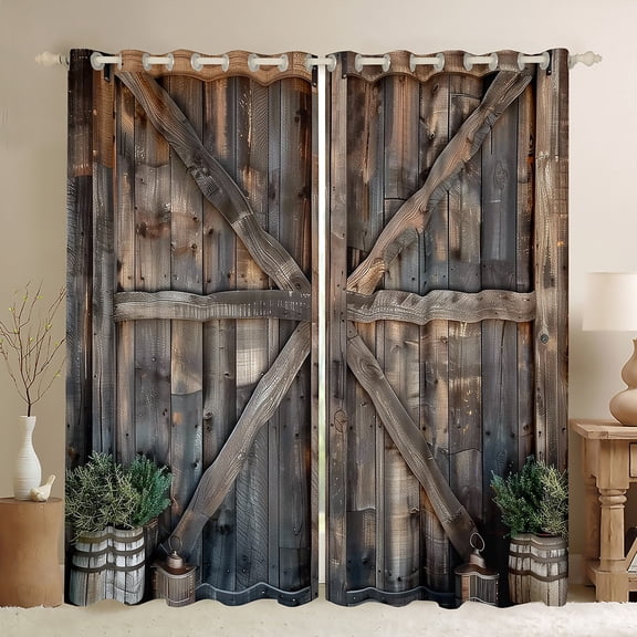 Manfei Old Barn Door Black Out Curtains,Rustic Farmhouse Cabin Curtains Pack of 2 (42x63 Each),Brown Green Bedroom Curtains For Men Women,Super Cozy Room Decor