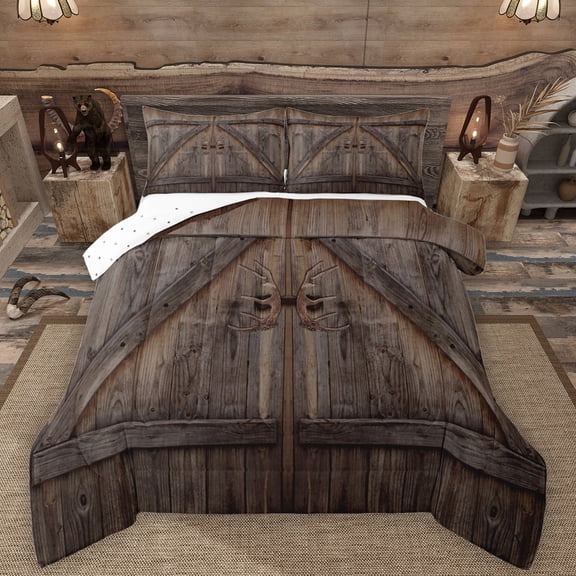 Manfei Old Barn Door Full Size Comforter Sets,Country Lodge Bedding Comforter Set,Rustic Cabin Bedding Sets For Men Women,Breathable Home Decor Reversible,3 Pieces
