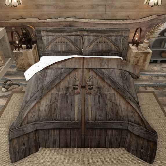 Manfei Old Barn Door Full Size Comforter Sets,Country Lodge Bedding Comforter Set,Rustic Cabin Bedding Sets For Men Women,Breathable Home Decor Reversible,3 Pieces
